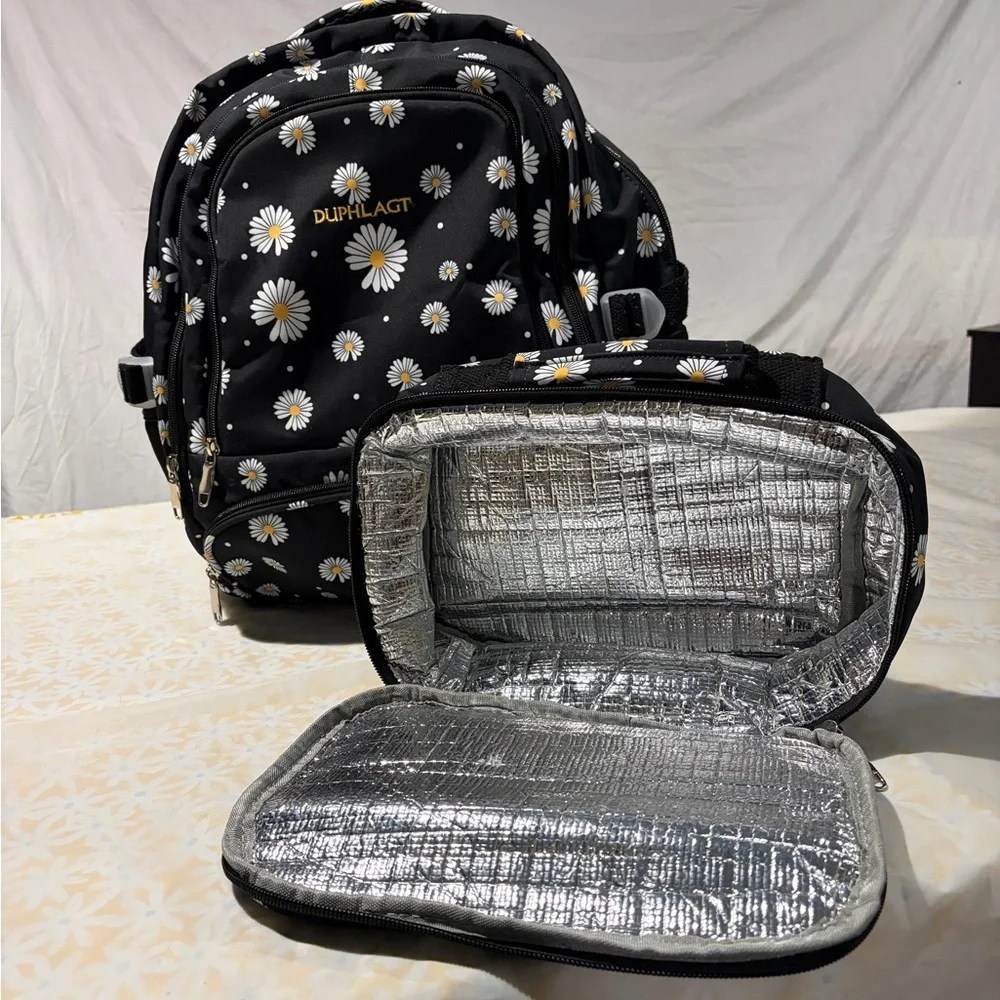Black Daisy‎ Print Backpack with Lunch Box